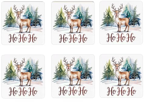Weihnachten Rentier 6er Set Untersetzer aus Holz - Ho Ho Ho lustige Glasunterleger mit Spruch für Festliche Stimmung