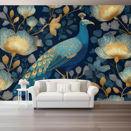 Fototapete Elegant Blumen Aus Goldfolie Pfau - Art Fototapete Dunkel Tapete 3D Effekt Wand Dekoration Wohnzimmer Schlafzimmer Büro Flur Moderne Wandtapete 150 x 105 cm