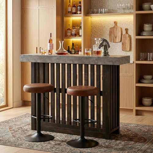 GarveeHome 63 Long Bar Table - Counter Bar Height Pub Table with 2 Tier Storage Shelves, Modern Coffee Breakfast Bar Unit for Dining Room, Bistro, Living Room, Gray + Brown
