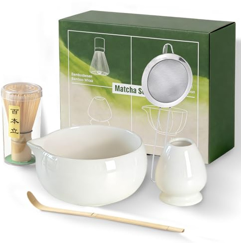 5Pcs Matcha Whisk Set, Ceramic Matcha Bowl & 100% Handmade Bamboo Whisk | with Ceramic Bowl, Scoop & Holder, Sifter, Complete Matcha Kit, for Matcha Lover & Beginners