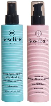 ROSEBAIE | Duo Lissage Parfait | Spray Thermoprotecteur + Crème Leave-in | Ricin Kératine Figue de Barbarie | Antihumidité & Antifrisottis | Protège jusqu'à 210° | Brillance Extrême (200ml x2)