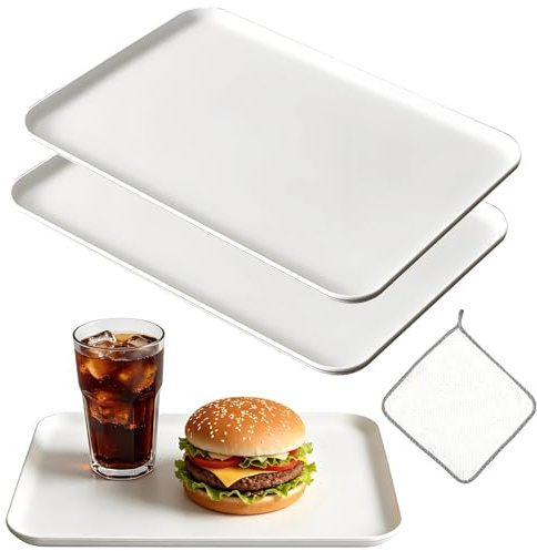Plumaire 2 Pcs Rectangular Serving Trays, 33×23cm White Kitchen Trays, Plastic Tray, Dinner Tray, with Rag, for Kitchen, Drinks, Snacks, Tea, Coffee, Breakfast