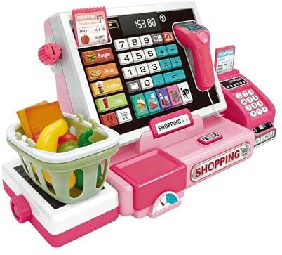Barnkassa - Toy POS-automat | Shoppingbutik Lekset Med Skanner Miniräknare För Pojkar Och Flickor, Förskolemattespel Supermarketleksak Med Korg Och Lekpengar, 4-6 År, ABS-
