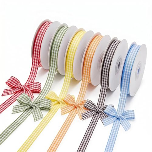6 Rolls Gingham Ribbon 3/8 in(1cm) Wide Totaling 60 Yards, Multicolor Plaid Ribbon for Crafts, Small Ribbon Rolls 10 Yards Each for Gift Wrapping, Checkered Ribbon for Hair Bows Flower Bouquet Party