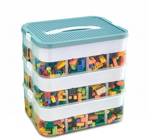 Förvaringslådor för Lego byggstenar låda med lock, stapelbara stenar sorteringslådor, transparent leksak, små delar, låda, byggstenar låda behållare organisatör för barn leksakslåda (3 lager grön)
