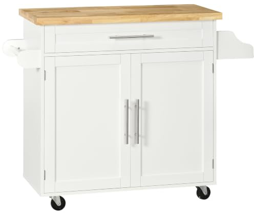 HOMCOM Isla de Cocina con Ruedas Cajón 2 Puertas 109x40x89 cm Blanco | Carro de Cocina, Especiero, Barra para Paños, Estante Ajustable, para Comedor