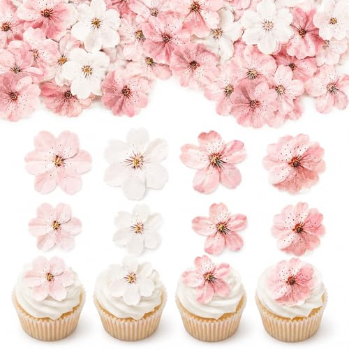 50 Pcs Edible Flowers for Cakes,Cherry Blossom Cupcake Toppers | Edible Cake Decorations,Pink Flowers Cake Toppers,for Wedding,Baby Shower,Birthday Party Decorations