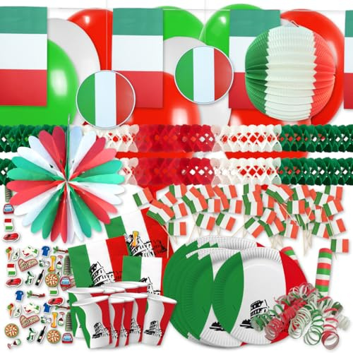 Italien Partygeschirr & Dekoset XXL - italienische Deko, Pappteller, Pappbecher, Servietten mit Flagge Motiv & Tischdekoration - italienischer Abend, Nationalfeiertag, Bella Italia Mottoparty, Events