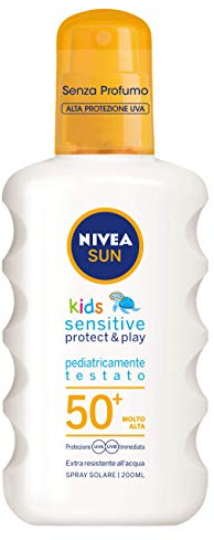 NIVEA SUN Kids Sensitive Protect & Play Spray FP 50+ 200ml, Sonnencreme Kinder & Babys ab 6 Monaten, Sonnencreme 50+ in praktischer Sprühflasche
