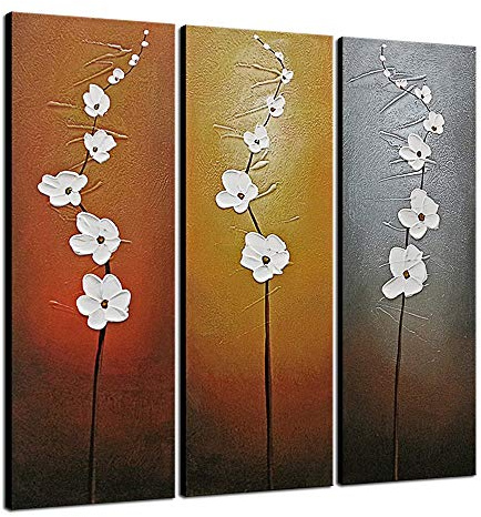 Wieco Art - Modern Contemporary Flowers Artwork Decorative 3 Panels 100% Hand Painted Abstract Floral Oil Paintings on Canvas Wall Art Décor for Living Room Bedroom Home Decorations