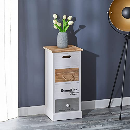 IDIMEX Chiffonnier Salva H 77 cm en Bois Massif Blanc, Gris et Brun 4 tiroirs Commode Petit Meuble de Rangement Haut pour Chambre ou Salle de Bain