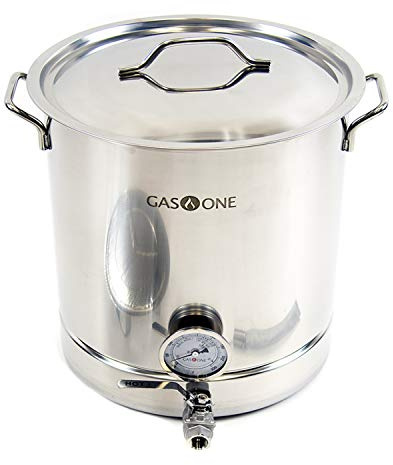 GasOne 16 Gallon Stainless Steel Home Brew Kettle Pot Pre Drilled 4 PC Set 64 Quart Tri Ply Bottom for Beer Brewing Includes Stainless Steel Lid Ball Valve, Thermometer, Spigot - Home Brewing Supplies