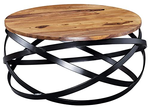 FineBuy Couchtisch MANUR 60x30x60 cm Sheesham Massivholz/Metall Sofatisch, Design Wohnzimmertisch Rund, Stubentisch Industrial Braun, Designer Holztisch Kaffeetisch Massiv, Tisch Wohnzimmer