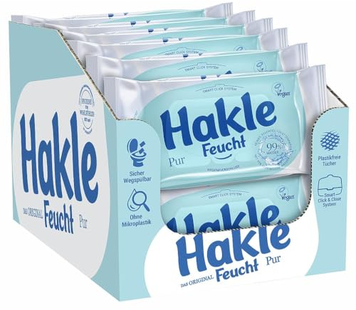 Hakle Feucht Pur im 12er-Pack, 504 Tücher (12 x 42 Blatt), pflegendes feuchtes Toilettenpapier, feuchte Tücher mit 99% Wasser, schnell wasserlösliche Feuchttücher