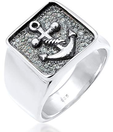 Kuzzoi Siegelring Herrenring massiv 14 mm 925 Silber schwarz | oxidiert mit Ankersymbol Ring für Männer in der Ringgröße 60 - 66