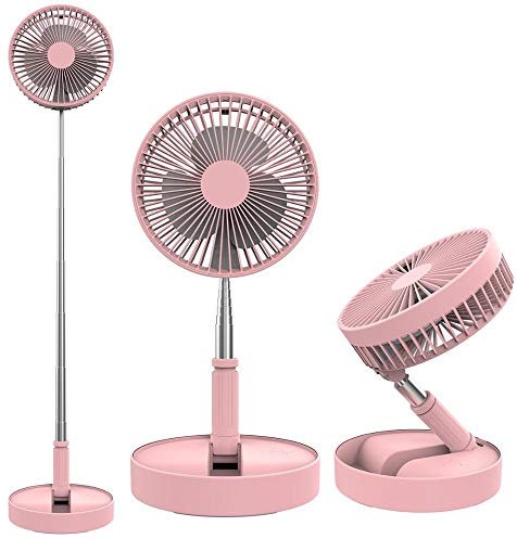 Vipada USB Floor Fans Adjustable Height Desktop Fans 24 Hours Pedestal Fans USB Rechargeable Table Fans Foldable Portable Travel Plug-free 4-grade Strong Wind Air Cooling Fan (Pink, 6000mAh Battery)
