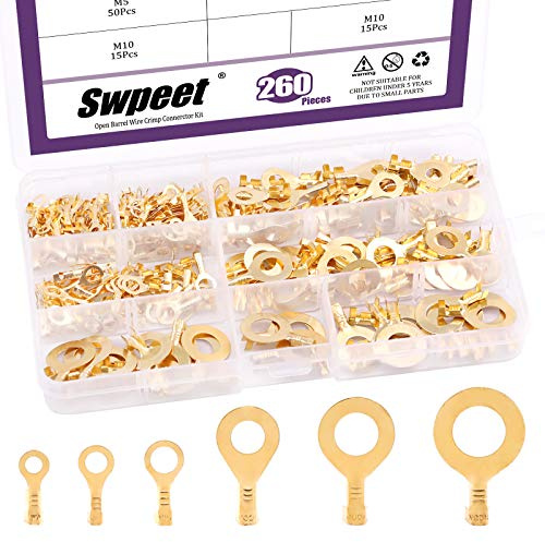 Swpeet 240Pcs Gold M3 M4 M5 M6 M8 M10 Non-Insulated Open Barrel Wire Crimp Copper Terminal Connerctor Kit, O-Type Ring Lugs Crimp Cable Terminal for Crimp Solid Wires or Stranded Wires