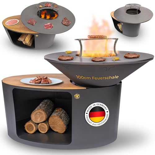 FireWeyck 2 Feuerstelle Outdoorküche – Große Feuerschale mit Grillring (Ø100cm) & Stierkopf-Design – Feuerplatte für Garten & Camping #687