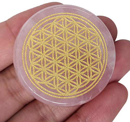 Lovionus89 Piedra de bolsillo en la palma de la mano con cristal curativo grabado de cuarzo rosa natural con diseño de flor de la vida