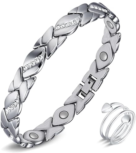 Jeracol Pulsera magnética para mujer y anillos magnéticos, reduce el dolor y la artritis, acero inoxidable, pulsera magnética terapéutica, tamaño ajustable y caja de regalo de joyería Energetix