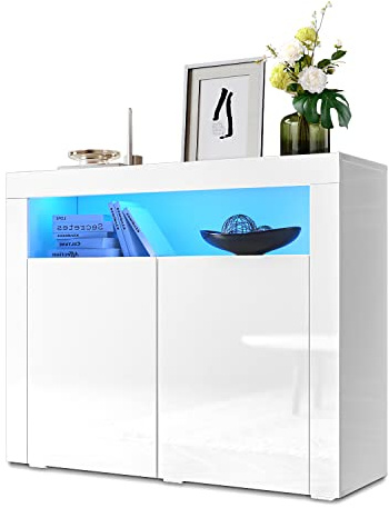 SONNI Kommode mit 2 Tür, LED(16 Farben), 108x40x92cm, Hochglanz, Weiß | Sideboard, Wohnzimmermöbel, Wohnzimmerschrank, Standschrank, RGB-Funktion mit 4 Grundfarben und 12 Verläufen für Wohnzimmer