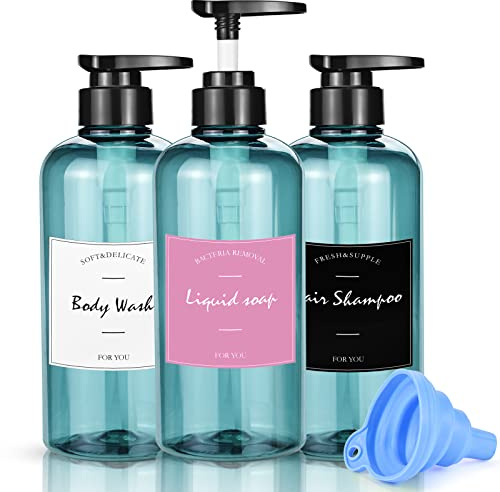 3er Set Seifenspender, 500ml Shampoo Flaschen Pumpspender Shampoo Spender Leere Plastik Seifenspender Flasche mit Etikett & Trichter Nachfüllbarer Flüssigkeitsspender für Dusche, Bad, Küche oder Hotel
