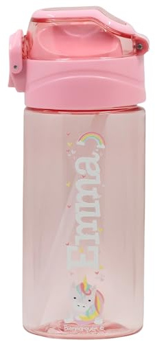 BIENMARQUER - Gourde Personnalisable pour Enfant avec Paille - Convient pour l'Ecole Primaire et Maternelle - Gourde avec Bouchon Anti-Fuite - Résistante au lave-vaisselle - 450mL (Rose Clair)