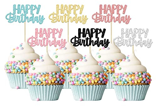 Gyufise 24Pcs Happy Birthday Cupcake Toppers Glitter Birthday Cupcake Food Picks for Celebrating Happy Birthday Party Cake Decorations Supplies Six Colors