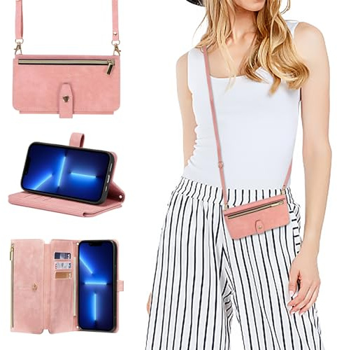 ZCDAYE Handyhülle für iPhone 13 Pro Max Hülle mit Band, Roségold | Leder Handytasche Geldbörse mit Kartenfächer Handykette, Praktisch Umhängetasche Frauen Brieftasche Portemonnee Klapphülle