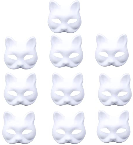 YANJIY 10 Stück Weiße Maske Cosplay, Anime Halbgesicht Katze Maske, Katzenmasken, Diy Katzenmasken, Unbemalte, Therian Mask für Karneval, Cosplay, Halloween Party, Geeignet für Maskerade