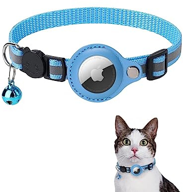 Airtag Katzenhalsband, Reflektierendes AirTag Katzenhalsband mit AirTag-Halterung und Glocke, GPS Leichte Tracker Katzenhalsbänder, Katzen-AirTag-Halsband mit Abbrechbarer Sicherheitsschnalle (Blau)