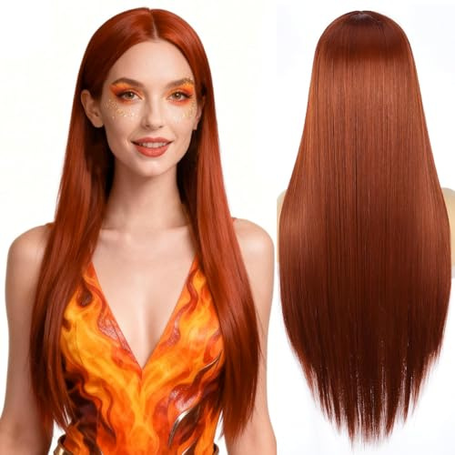 PORSMEER Kupfer Rot Perück Lang Glatt Gerade Perücken für Frauen/Mädchen/Afro Natürliche Kunsthaar Mittelteil Lace-Haaransatz Perücke Party/Kostüm Ginger Orange Wig (Auburn)
