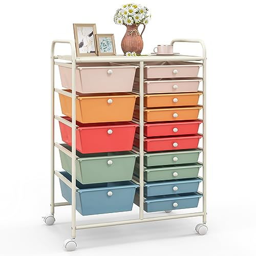 COSTWAY Rullvagn med 15 stapelbara lådor, lådvagn rullbehållare med metallram och förvaringsyta, badrumsrullvagn förvaringsvagn för kontor, vardagsrum, 63 x 37 x 87 cm
