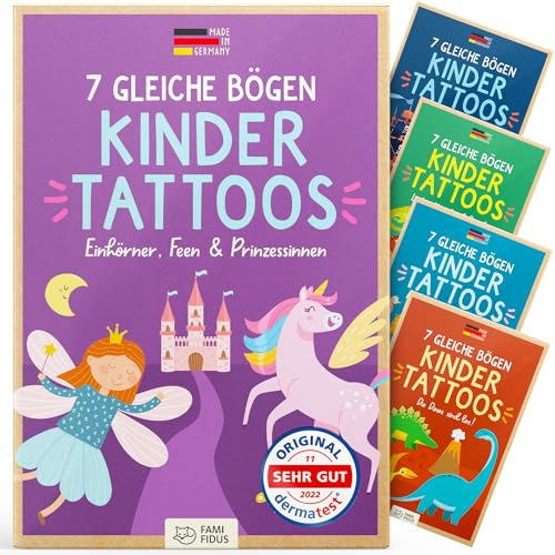Famifidus +115 Hautfreundliche Temporäre Tattoos I 7 Gleiche Bögen I Dermatologisch SEHR GUT I Kinder Tattoo MADE IN GERMANY I Tattoos für Kinder (Einhörner, Feen & Prinzessinnen)