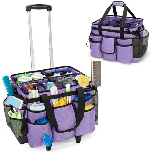 LoDrid Rolling Cleaning Bag with Detachable Trolley, Professional Cleaning Caddy with Shoulder Strap for Housekeepers, Portable Cart on Wheels for Supplies, Purple (Patent Design)