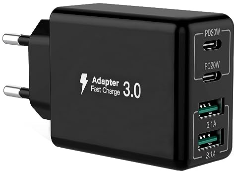 Cargador USB C, 40 W 4 Puertos USB C Bloque de Carga rápida, Doble Puerto PD+QC Cargador multipuerto Tipo C Compatible con iPhone 11/12/13/14/15/Pro Max/XS/XR/8/7/Samsung teléfono/Tableta
