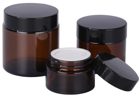 ZIYIZE Lot de 3 petits bocaux en verre ambré avec couvercles - Récipients ronds vides réutilisables pour crèmes, lotions, cosmétiques, épices, poudre