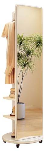 Ganzkörperspiegel mit Garderobe, 2-in-1 Freistehender Bodenspiegel, Massivholzrahmen, Standspiegel Ganzkörper-Ankleidespiegel mit Rollen für Wohnzimmer, Schlafzimmer (weiß)