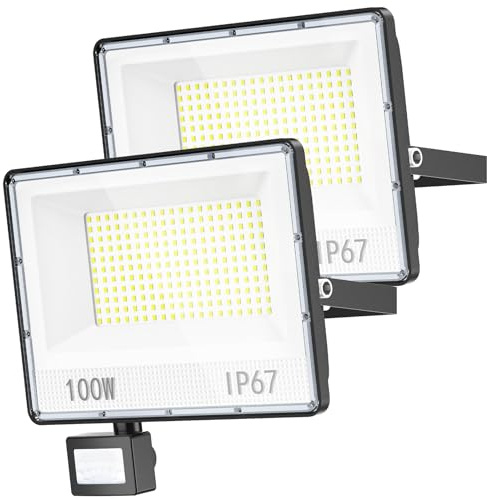 YIQIBRO 100W Projecteur LED Exterieur Detecteur de Mouvement 2 Pièce, 10000LM 7000K Blanc Froid Spot LED Extérieur Detecteur de Mouvement, Eclairage Exterieur avec Détecteur IP67 pour Jardin,Terrasse