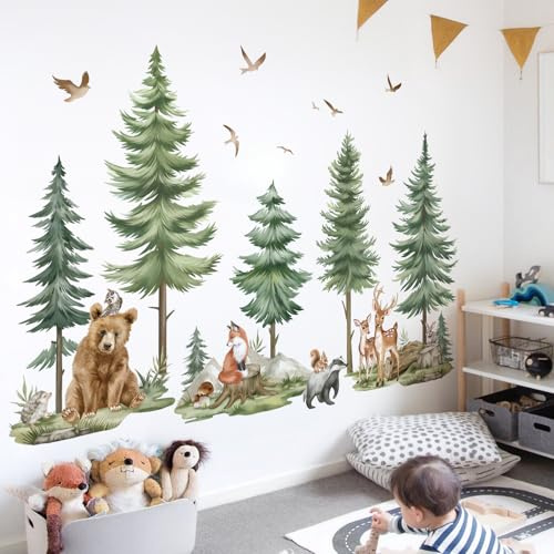 wondever Wandtattoo Waldtiere XXL Wandsticker Baum Groß Kiefer Bär Hirsch | Abziehen und Aufkleben, Abziehbar, Wandaufkleber Selbstklebend für Kinderzimmer Babyzimmer Schlafzimmer Wanddeko