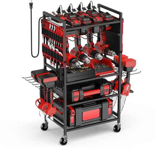 JUNNUJ Garage Large Power Tool Organizer Cart with 20A Charing Station, Heavy Duty Drill and Tools Battery Holder Storage Rack, Floor Standing Rolling Tool Cart on Wheels, Red