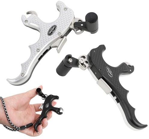 surwolf Bogenschießen Release Aids Compoundbogen Auslösehilfen Aluminium mit D-Loop-Lope Daumenauslösehilfe 4-Finger für Compoundbogen-Zubehör RH&LH einstellbar