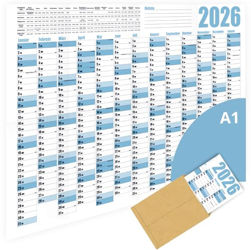 Jahresplaner Wandkalender 2026 Blau - DIN A1 Wandplaner - Großer XXL Jahreskalender gefaltet - mit Feiertage und Schulferienübersicht - optimale Jahresplanung und Urlaubsplaner
