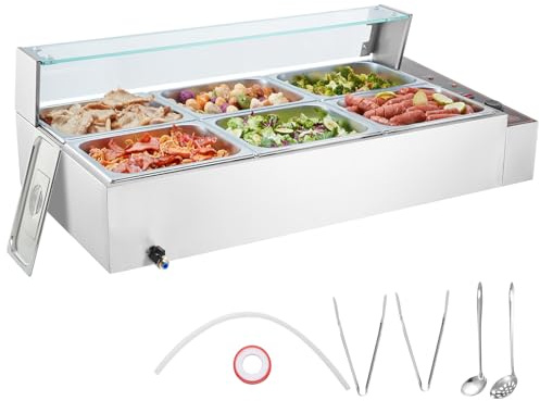 VEVOR Chauffe-Plat Buffet à 6 Bacs de 7,6 L, Bain-Marie Électrique 1500 W, Buffet Chauffant en INOX, Écran en Verre, Température Réglable 30-85 °C, pour Réchauffer Aliments Restauration Soirée Fête