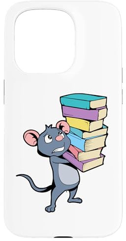 Carcasa para iPhone 15 Pro Ratón de dibujos animados con una pila de libros