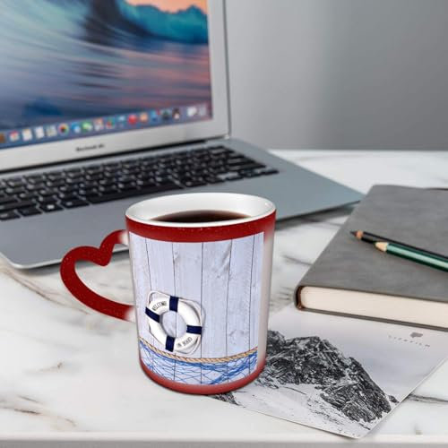 AELKSP Kaffeetassen – Farbwechseltasse, Magic Mug,Thermobeschichtung, 335ml, Keramik - Geschenkidee Männer, Frauen,Rettungsring auf Holzbrett