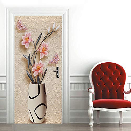 3D Türaufkleber Vase mit roten Blumen Türtapete Wandbild Selbstklebend PVC Wasserdicht Abnehmbar Türfolie TürPoster Fototapete Wohnzimmer Schlafzimmer küche bad büro Dekoration B90 x H200cm