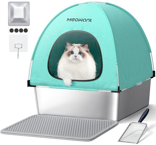 Meowant Lettiera Gatto in Acciaio Inox, Lettiere XXL, Copertura in Tessuto Chiuso, Quadrato Toilette Grande per Gatti di Grossa Taglia, Antiaderente, Prova Perdite, Staccabile e Facile Pulire, Verde