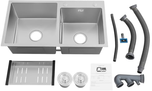 Double Bowl Kitchen Sinks, Stainless Steel Commercial Restaurant Sink, Drop-in, Undermount, Offset Top Mount with Drainage Basket, 2 Waste Filters, Overflow Hole, Drainage Device Set