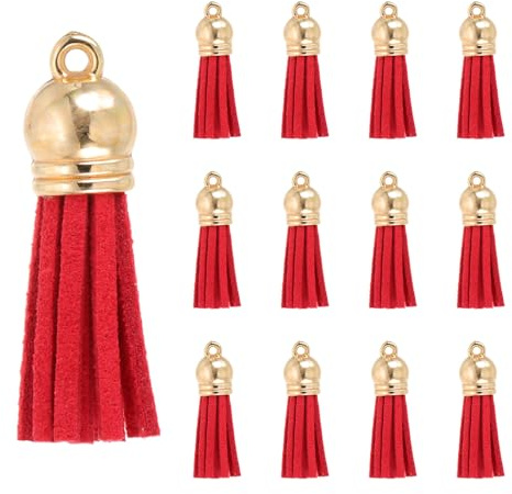 PATIKIL 30 Stück 38x10mm Rot Gold Leder Quasten Anhänger mit Metallkappen | Für Handtaschen Taschenanhänger Handykette Ohrringe Halskette Schlüsselanhänger Basteln Schmuckherstellung